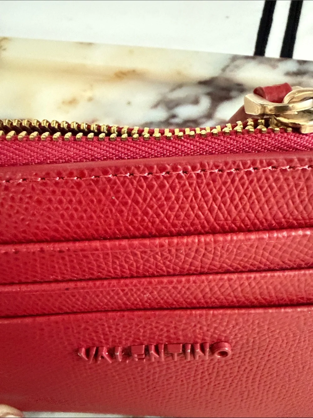 Valentino Red Pebbled Leather Card Case with Zip